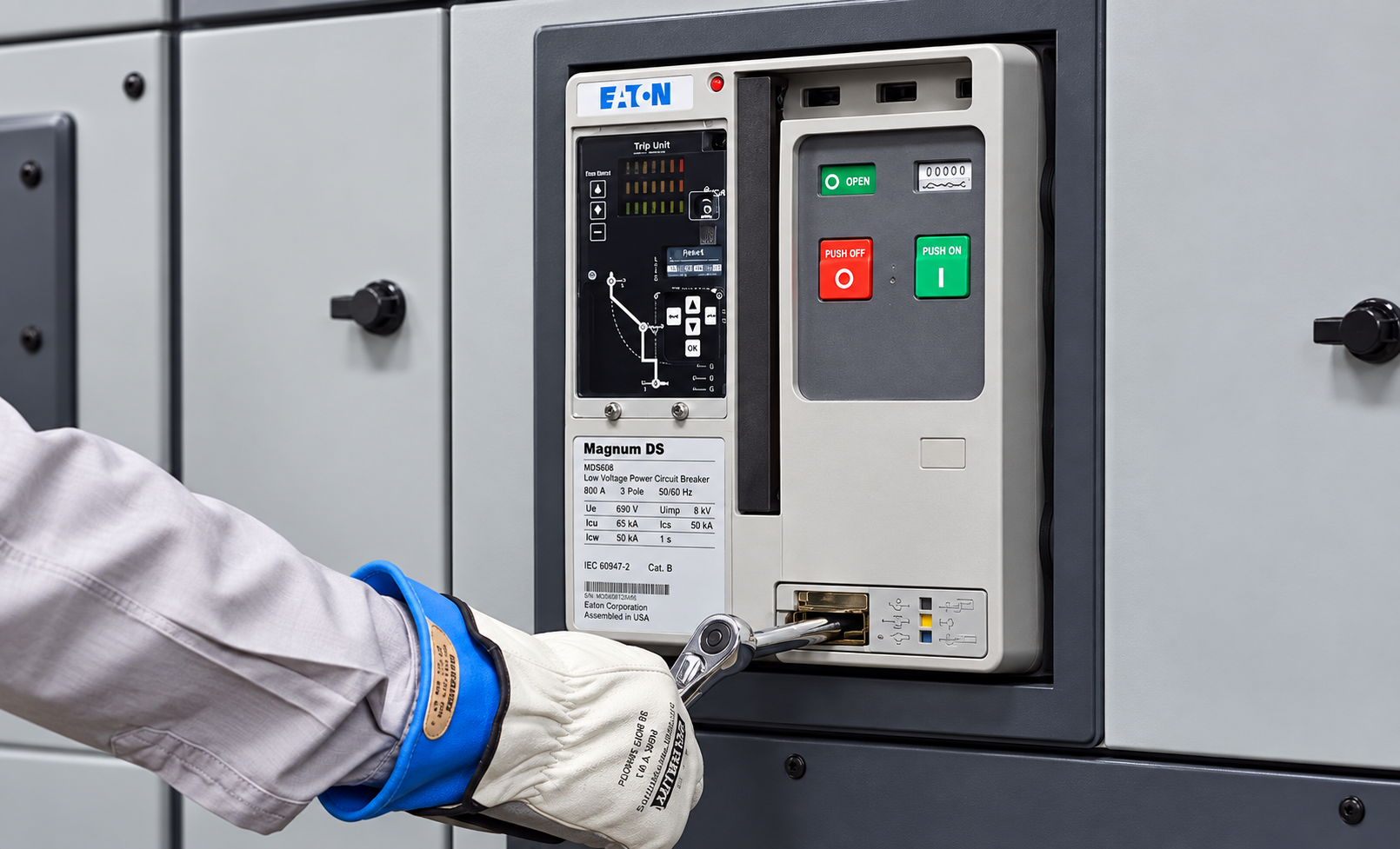 Orta gerilim elektrik panosunda şalter bakım ve kontrol çalışması yapan teknisyen